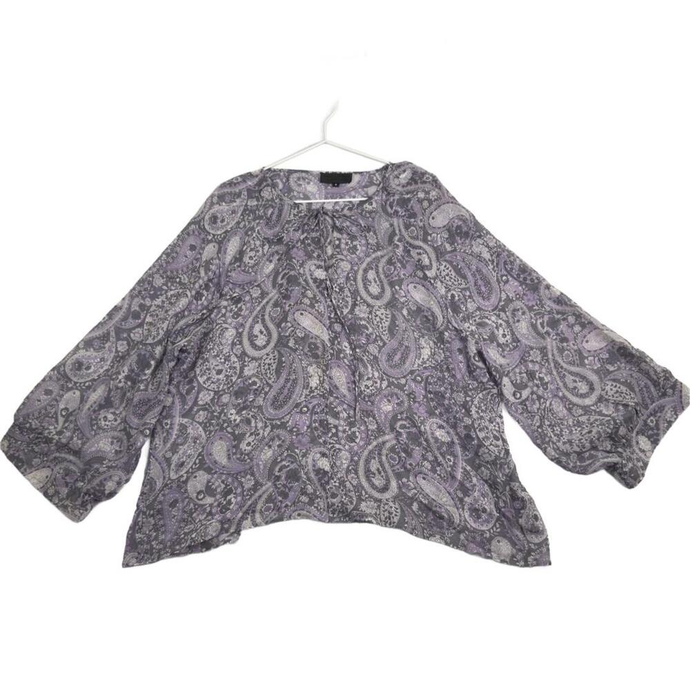 NILI LOTAN Silk Blouse Purple Paisley Sheer Balloon Sleeve Top Womens M Made USA - Picture 5 of 12